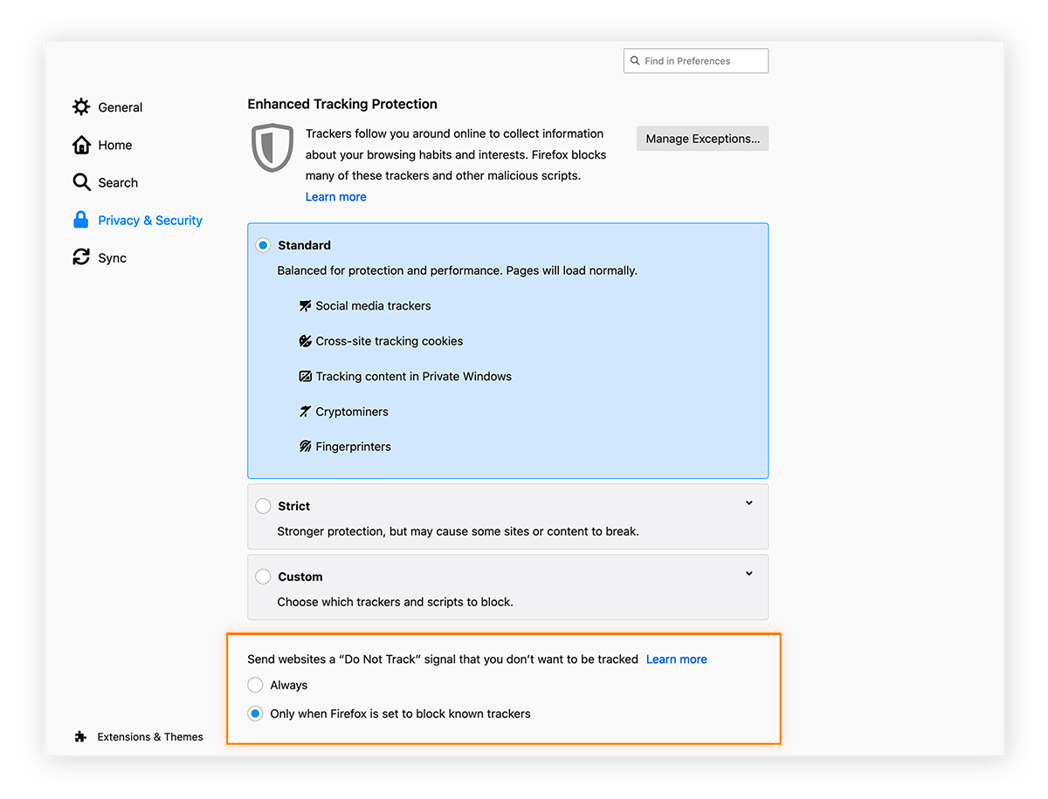 Under "Send websites a 'Do Not Track' signal that you don't want to be tracked," toggle "Always"